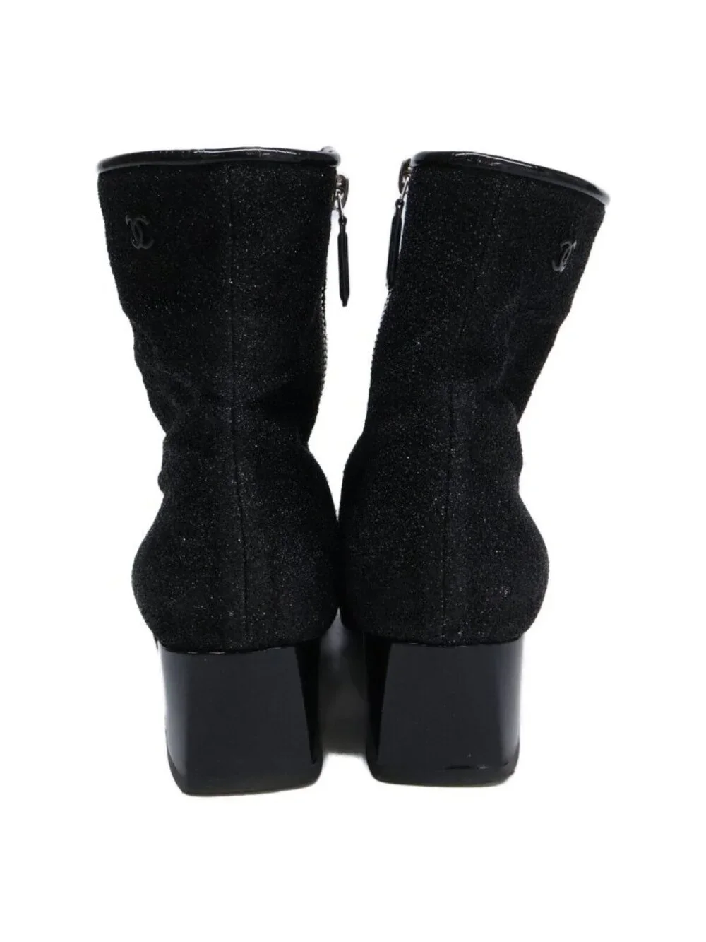Chanel Square Toe Side Zip Chunky Heels Glitter Boots 37 1 2C